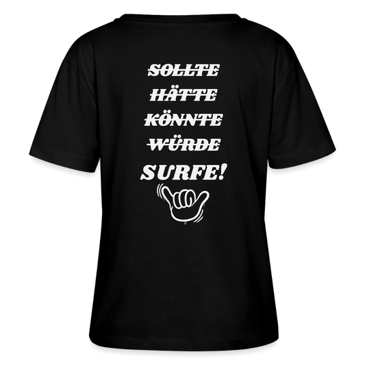 safis® Windsurf Damen T-Shirt schwarz, Geschenkidee Windsurfer, SERENA, surfe! für Windsurf Fans.