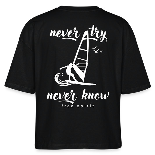 Frauen Boxy Bio-T-Shirt -never know- - Schwarz