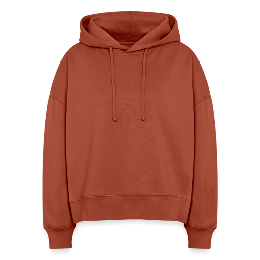 Boxy Bio Hoodie surfe! in Terrakotta für Windsurferinnen. Frauen Hoodie surfe! – Windsurf Geschenk in Terrakotta.