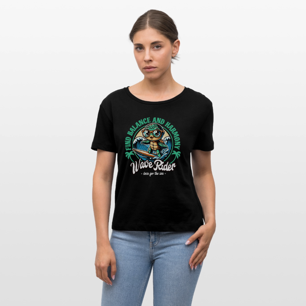 Relaxed Rundhals Frauen Bio-T-Shirt -wave rider- - Schwarz