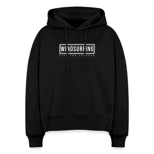 Boxy Frauen Bio Hoodie Nora -feel the freedom I- - Schwarz