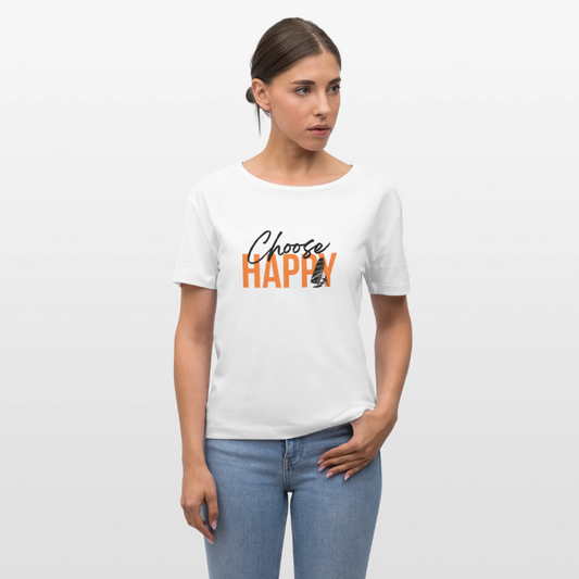 Relaxed Rundhals Frauen Bio-T-Shirt -happy- - Weiß