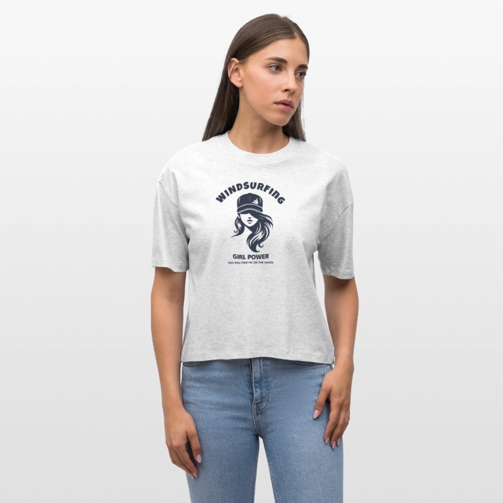 Frauen Boxy Bio-T-Shirt -windsurfing girl power- - Weiß meliert