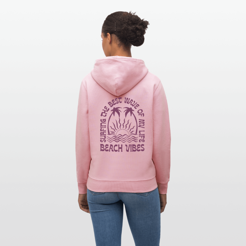 Hellrosa Bio-Hoodie beach vibes für Surfer und Windsurf Liebhaber.