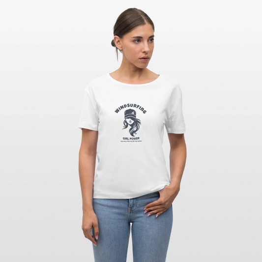 Relaxed Rundhals Frauen Bio-T-Shirt -windsurfing girl power- - Weiß