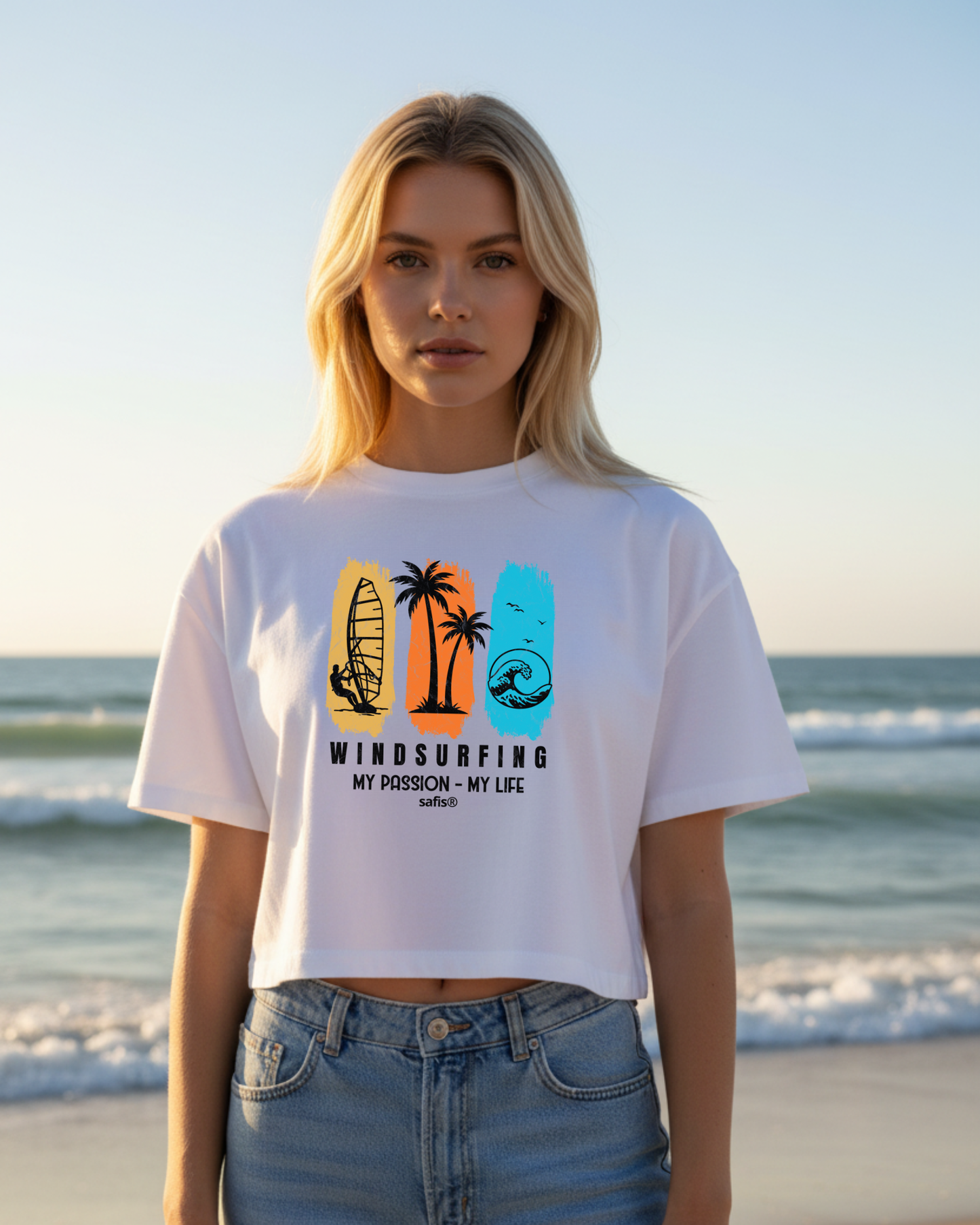 safis Windsurfing Shirt Frauen Premium Oversized Bio Cropped T-Shirt -my passion my life- weiß
