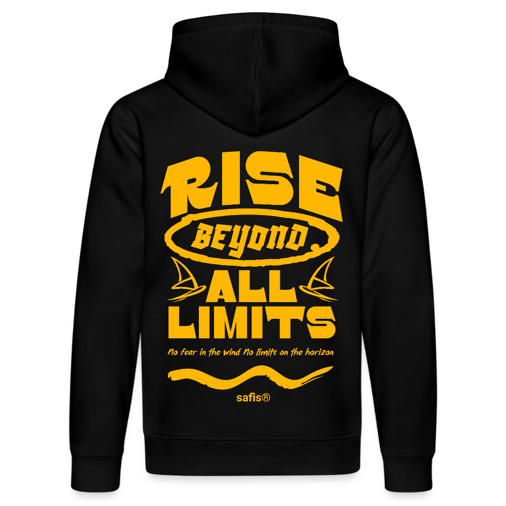 Detailansicht des gelben Backprints 'RISE BEYOND ALL LIMITS' auf einem schwarzen Hoodie von safis®. Der Windsurf-Slogan 'No fear in the wind No limits on the horizon' ist in Schreibschrift zu sehen, darüber das safis® Logo. Nachhaltige Windsurf-Kleidung.-rise all limits- Unisex Bio-Hoodie DRUMMER - Schwarz