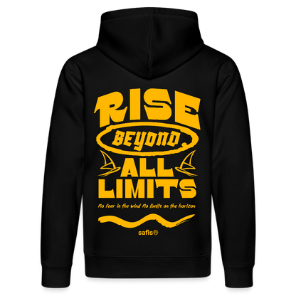Detailansicht des gelben Backprints 'RISE BEYOND ALL LIMITS' auf einem schwarzen Hoodie von safis®. Der Windsurf-Slogan 'No fear in the wind No limits on the horizon' ist in Schreibschrift zu sehen, darüber das safis® Logo. Nachhaltige Windsurf-Kleidung.-rise all limits- Unisex Bio-Hoodie DRUMMER - Schwarz