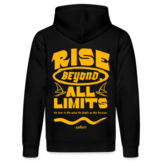 Detailansicht des gelben Backprints 'RISE BEYOND ALL LIMITS' auf einem schwarzen Hoodie von safis®. Der Windsurf-Slogan 'No fear in the wind No limits on the horizon' ist in Schreibschrift zu sehen, darüber das safis® Logo. Nachhaltige Windsurf-Kleidung.-rise all limits- Unisex Bio-Hoodie DRUMMER - Schwarz