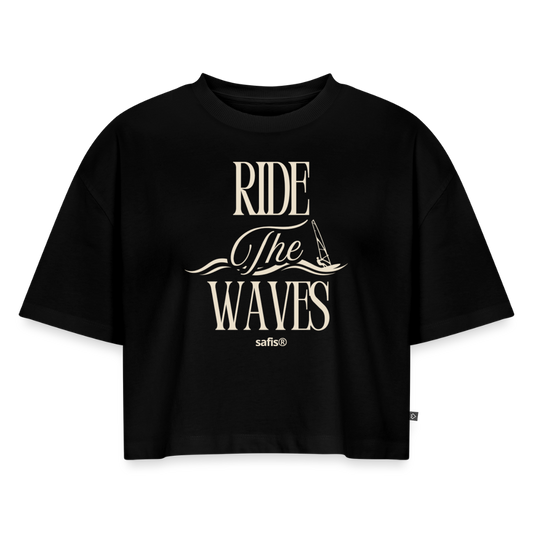 Frauen Premium Oversized Bio Cropped T-Shirt -ride the waves- - Schwarz