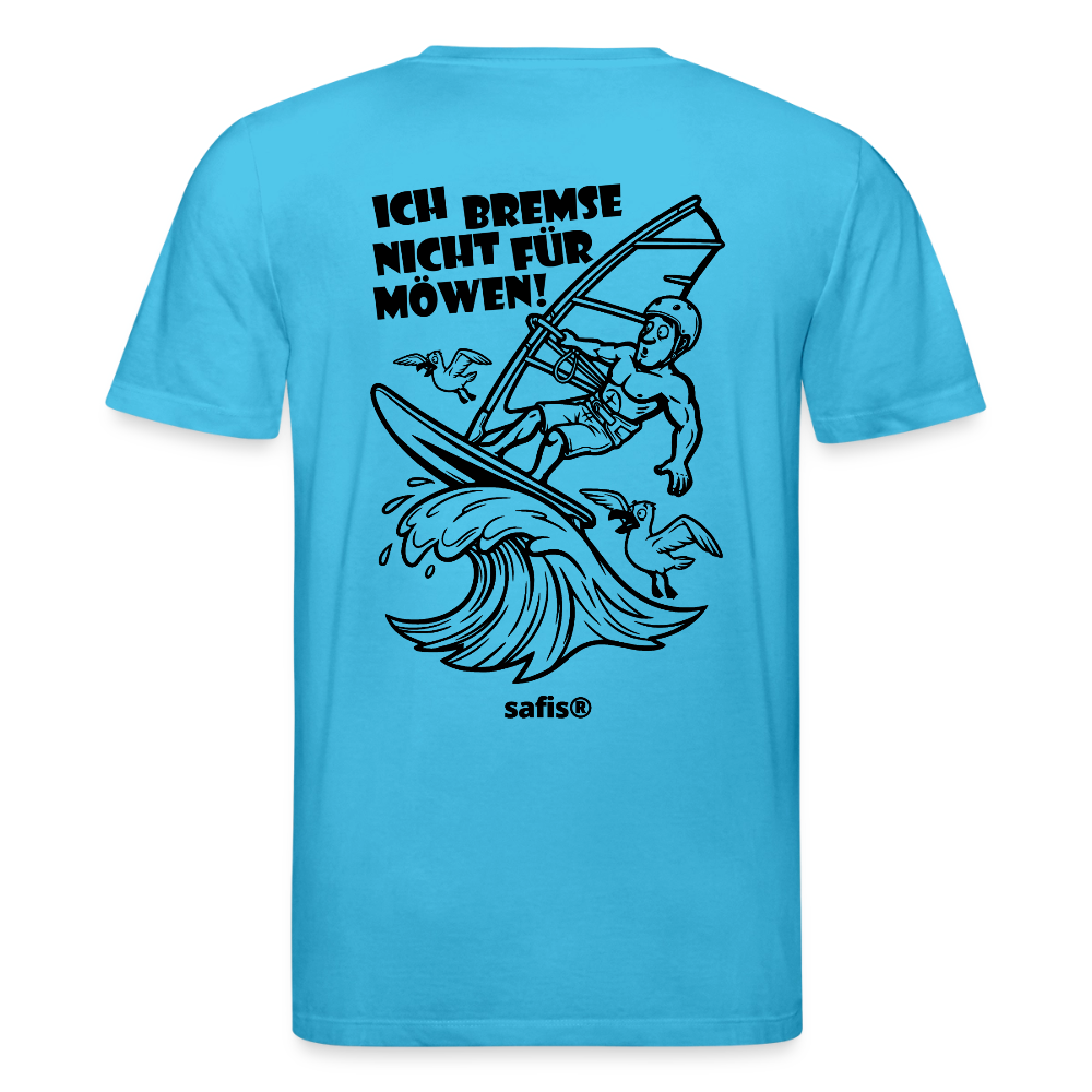 Schwarzer Backprint auf einem aquablauen safis® T-Shirt aus Bio-Baumwolle mit der Aufschrift 'ICH BREMSE NICHT FÜR MÖWEN!'. Die Cartoon-Grafik zeigt einen Windsurfer mit Helm auf einer Welle, umringt von fliegenden Möwen. Nachhaltige Windsurf-Kleidung.-Möwe- Unisex Bio-T-Shirt CREATOR Backprint - Aquablau