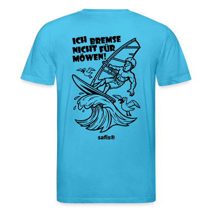 Schwarzer Backprint auf einem aquablauen safis® T-Shirt aus Bio-Baumwolle mit der Aufschrift 'ICH BREMSE NICHT FÜR MÖWEN!'. Die Cartoon-Grafik zeigt einen Windsurfer mit Helm auf einer Welle, umringt von fliegenden Möwen. Nachhaltige Windsurf-Kleidung.-Möwe- Unisex Bio-T-Shirt CREATOR Backprint - Aquablau