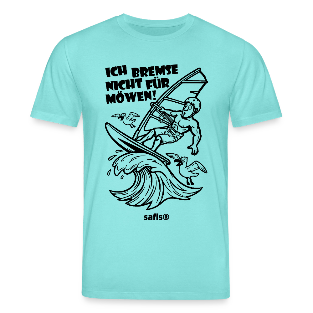 Schwarzer print vorn auf einem poolblauen safis® T-Shirt aus Bio-Baumwolle mit der Aufschrift 'ICH BREMSE NICHT FÜR MÖWEN!'. Die Cartoon-Grafik zeigt einen Windsurfer mit Helm auf einer Welle, umringt von fliegenden Möwen. -Möwe- Unisex Bio-T-Shirt CREATOR - Poolblau