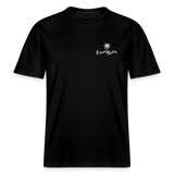 Vorder- und Rückansicht eines schwarzfarbenen Relaxed Fit T-Shirts mit weißem Ocean Replay Rückenprint, der Palmen und einen Windsurfer zeigt.