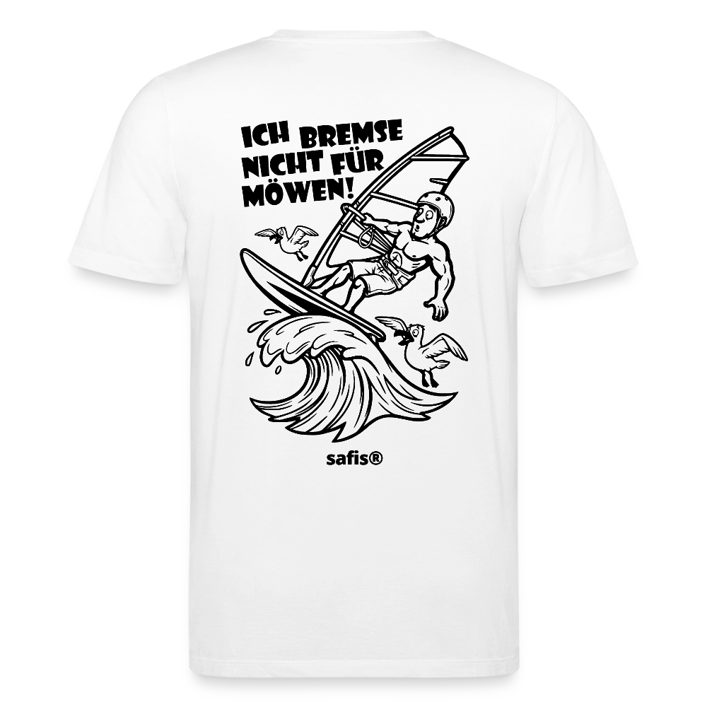 Schwarzer Backprint auf einem weißen safis® T-Shirt aus Bio-Baumwolle mit der Aufschrift 'ICH BREMSE NICHT FÜR MÖWEN!'. Die Cartoon-Grafik zeigt einen Windsurfer mit Helm auf einer Welle, umringt von fliegenden Möwen. Nachhaltige Windsurf-Kleidung. -Möwe- Unisex Bio-T-Shirt CREATOR Backprint - Weiß
