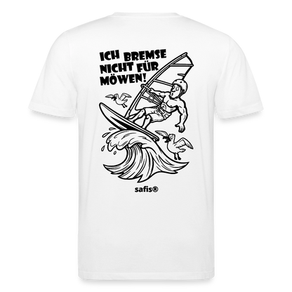 Schwarzer Backprint auf einem weißen safis® T-Shirt aus Bio-Baumwolle mit der Aufschrift 'ICH BREMSE NICHT FÜR MÖWEN!'. Die Cartoon-Grafik zeigt einen Windsurfer mit Helm auf einer Welle, umringt von fliegenden Möwen. Nachhaltige Windsurf-Kleidung. -Möwe- Unisex Bio-T-Shirt CREATOR Backprint - Weiß