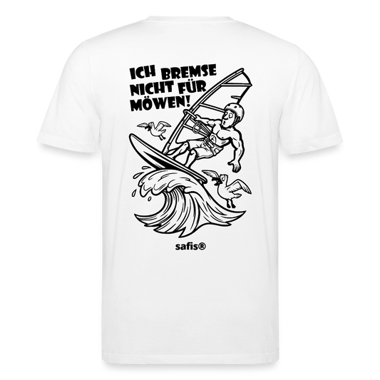 Schwarzer Backprint auf einem weißen safis® T-Shirt aus Bio-Baumwolle mit der Aufschrift 'ICH BREMSE NICHT FÜR MÖWEN!'. Die Cartoon-Grafik zeigt einen Windsurfer mit Helm auf einer Welle, umringt von fliegenden Möwen. Nachhaltige Windsurf-Kleidung. -Möwe- Unisex Bio-T-Shirt CREATOR Backprint - Weiß