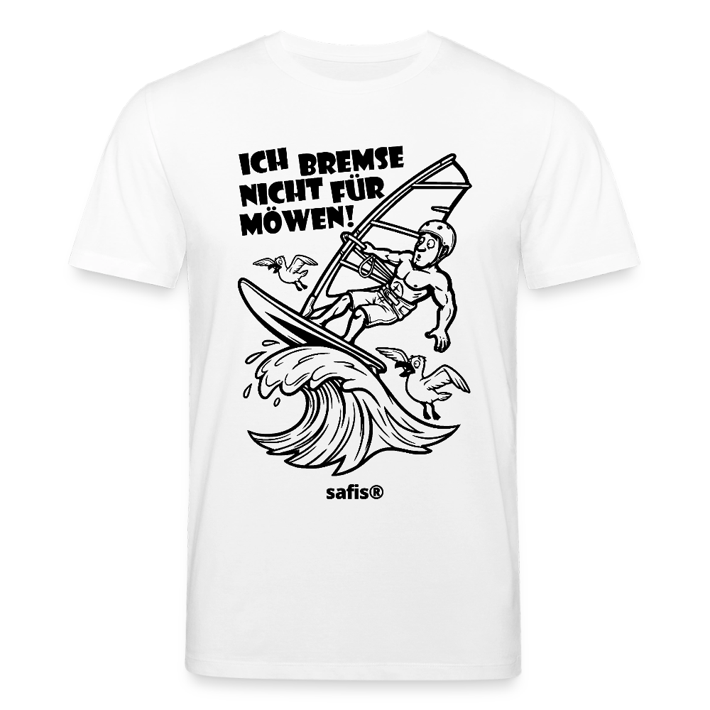 Schwarzer print vorn auf einem weißen safis® T-Shirt aus Bio-Baumwolle mit der Aufschrift 'ICH BREMSE NICHT FÜR MÖWEN!'. Die Cartoon-Grafik zeigt einen Windsurfer mit Helm auf einer Welle, umringt von fliegenden Möwen.  -Möwe- Unisex Bio-T-Shirt CREATOR - Weiß