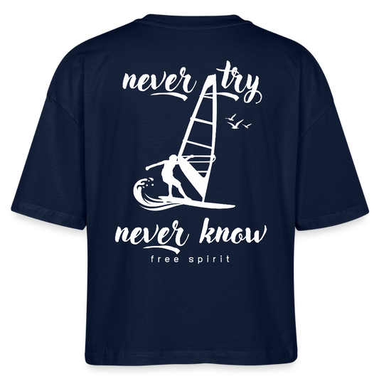 Frauen Boxy Bio-T-Shirt -never know- - Navy