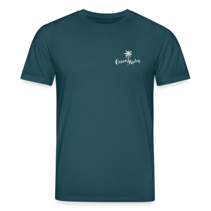 Dunkelblaues Ocean Replay T-Shirt für Windsurfer mit weißem Palmen-Logo auf der Brust und großem Rückenprint einer Windsurfer-Szene