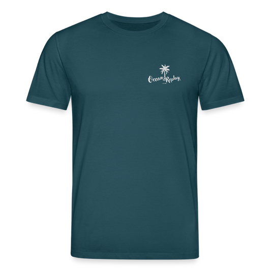 Dunkelblaues Ocean Replay T-Shirt für Windsurfer mit weißem Palmen-Logo auf der Brust und großem Rückenprint einer Windsurfer-Szene