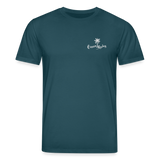 Dunkelblaues Ocean Replay T-Shirt für Windsurfer mit weißem Palmen-Logo auf der Brust und großem Rückenprint einer Windsurfer-Szene