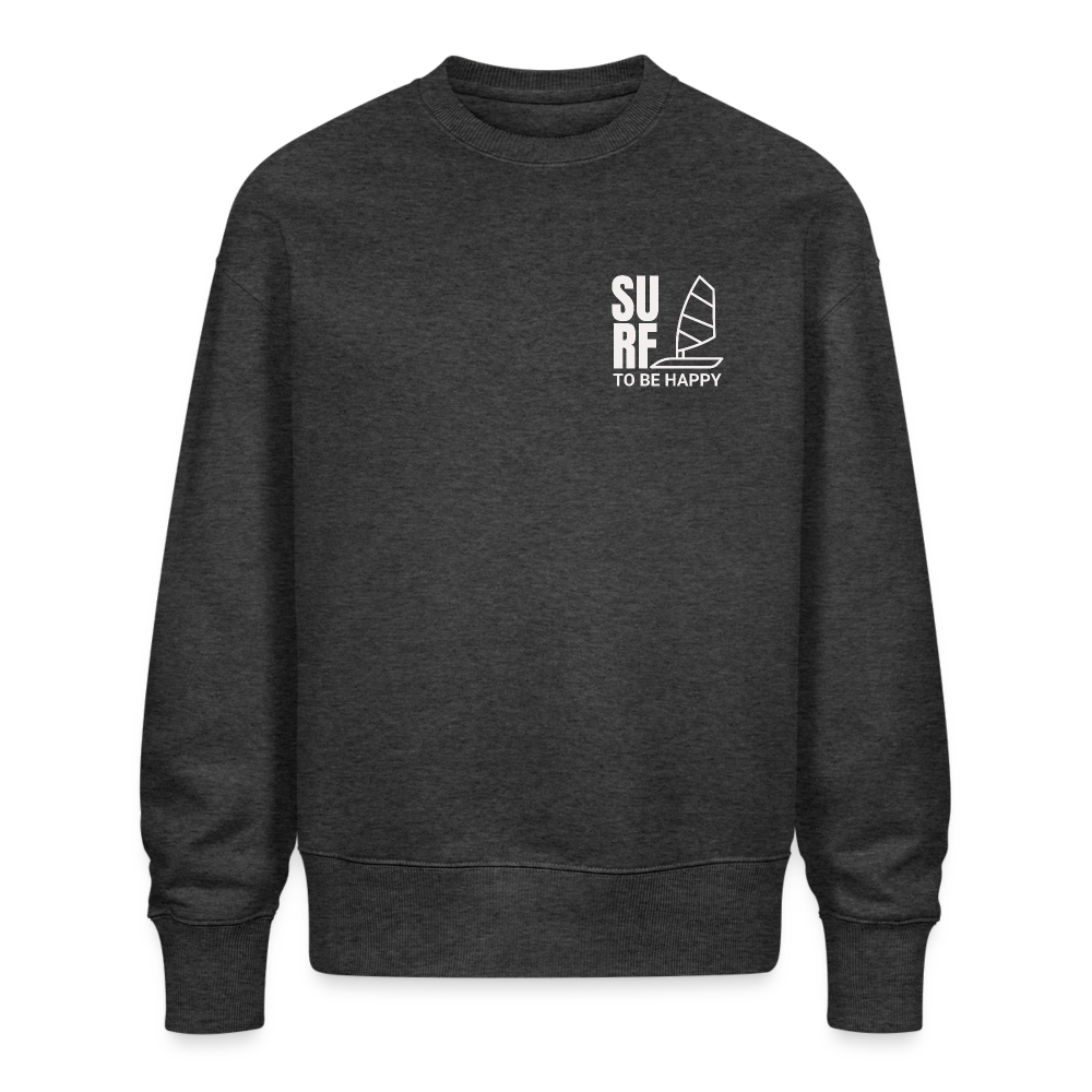 Unisex Oversize Bio Pullover -surf to be happy- - Dunkelgrau meliert