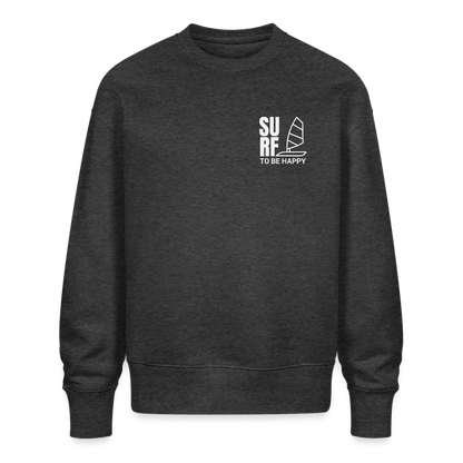 Unisex Oversize Bio Pullover -surf to be happy- - Dunkelgrau meliert