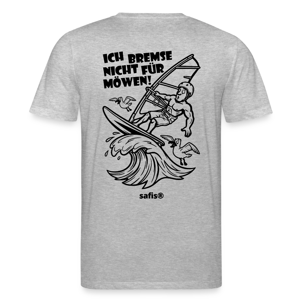 Schwarzer Backprint auf einem grau melierten safis® T-Shirt aus Bio-Baumwolle mit der Aufschrift 'ICH BREMSE NICHT FÜR MÖWEN!'. Die Cartoon-Grafik zeigt einen Windsurfer mit Helm auf einer Welle, umringt von fliegenden Möwen. Nachhaltige Windsurf-Kleidung.-Möwe- Unisex Bio-T-Shirt CREATOR Backprint - Grau meliert