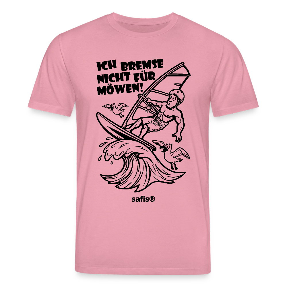 Schwarzer print vorn auf einem lilafarbenen safis® T-Shirt aus Bio-Baumwolle mit der Aufschrift 'ICH BREMSE NICHT FÜR MÖWEN!'. Die Cartoon-Grafik zeigt einen Windsurfer mit Helm auf einer Welle, umringt von fliegenden Möwen. -Möwe- Unisex Bio-T-Shirt CREATOR - Lila Traum
