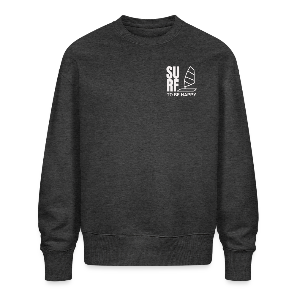 Unisex Oversize Bio Pullover -surf to be happy- - Dunkelgrau meliert