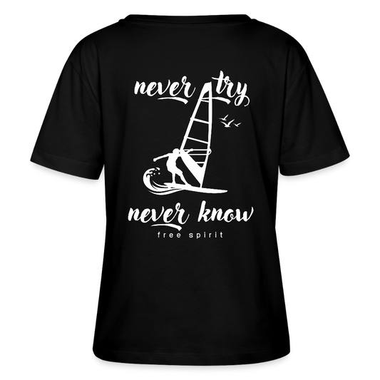 Relaxed Rundhals Frauen Bio-T-Shirt -never know- - Schwarz