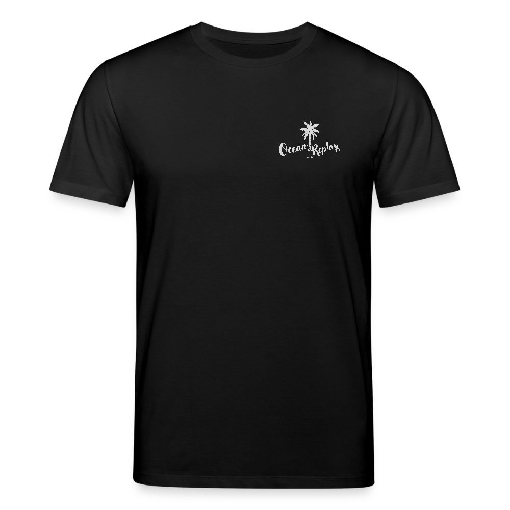 Schwarzes Ocean Replay T-Shirt für Windsurfer mit weißem Palmen-Logo auf der Brust und großem Rückenprint einer Windsurfer-Szene