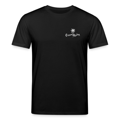 Schwarzes Ocean Replay T-Shirt für Windsurfer mit weißem Palmen-Logo auf der Brust und großem Rückenprint einer Windsurfer-Szene