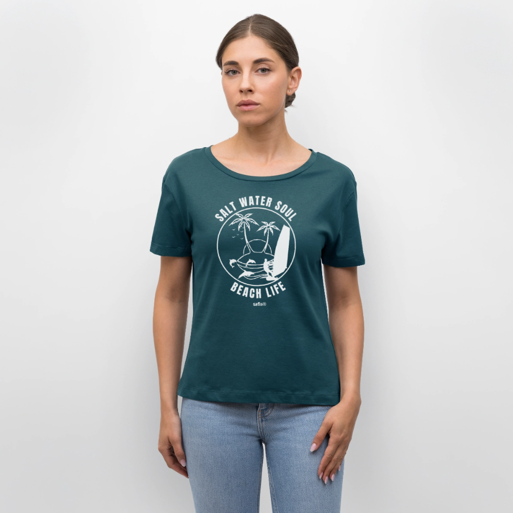 Relaxed Rundhals Frauen Bio-T-Shirt --salt water soul- - Dunkles Petrol