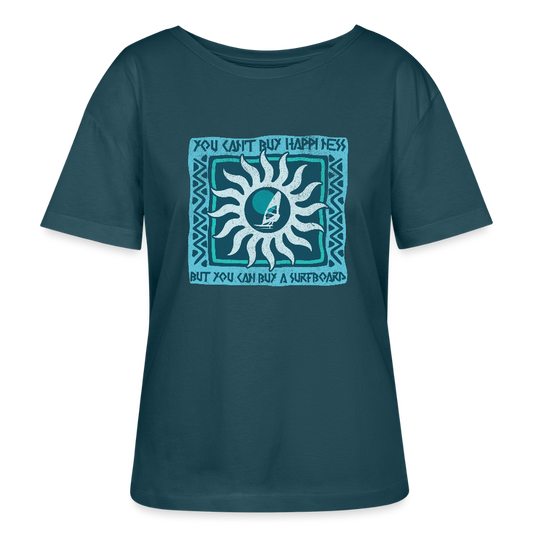 Relaxed Rundhals Frauen Bio-T-Shirt -buy happiness- - Dunkles Petrol