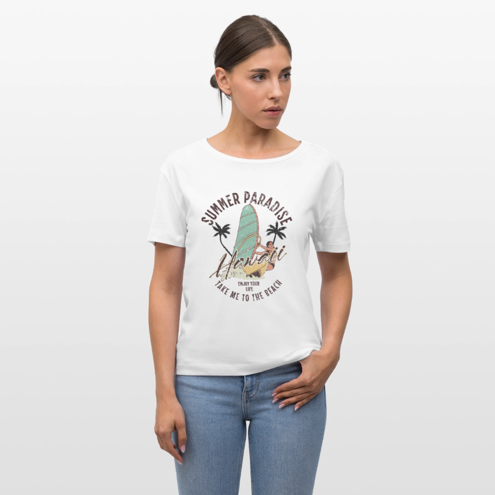 Relaxed Rundhals Frauen Bio-T-Shirt -enjoy life- - Weiß