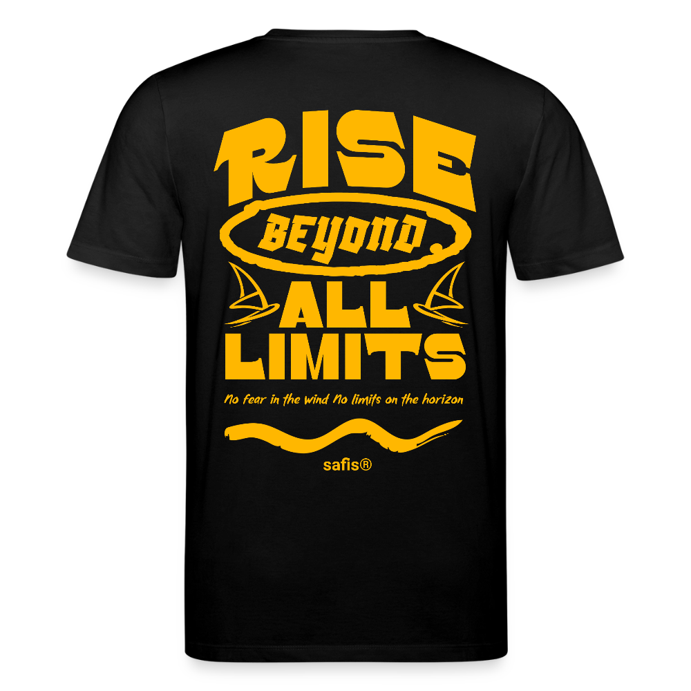 Detailansicht des gelben Backprints 'RISE BEYOND ALL LIMITS' auf einem schwarzen T-Shirt von safis®. Der Windsurf-Slogan 'No fear in the wind No limits on the horizon' ist in Schreibschrift zu sehen, darüber das safis® Logo. Nachhaltige Windsurf-Kleidung. -rise all limits- Unisex Bio-T-Shirt CREATOR -backprint- - Schwarz
