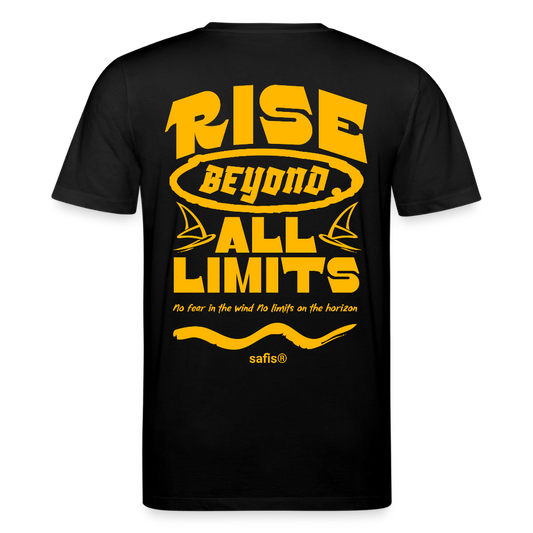 Detailansicht des gelben Backprints 'RISE BEYOND ALL LIMITS' auf einem schwarzen T-Shirt von safis®. Der Windsurf-Slogan 'No fear in the wind No limits on the horizon' ist in Schreibschrift zu sehen, darüber das safis® Logo. Nachhaltige Windsurf-Kleidung. -rise all limits- Unisex Bio-T-Shirt CREATOR -backprint- - Schwarz