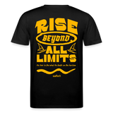 Detailansicht des gelben Backprints 'RISE BEYOND ALL LIMITS' auf einem schwarzen T-Shirt von safis®. Der Windsurf-Slogan 'No fear in the wind No limits on the horizon' ist in Schreibschrift zu sehen, darüber das safis® Logo. Nachhaltige Windsurf-Kleidung. -rise all limits- Unisex Bio-T-Shirt CREATOR -backprint- - Schwarz