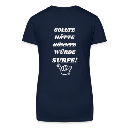 Damen Bio Shirt mit V-Ausschnitt surfe! – ideal für Windsurfer.