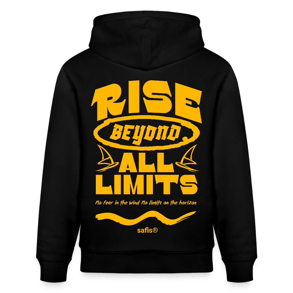 Detailansicht des gelben Backprints 'RISE BEYOND ALL LIMITS' auf einem schwarzen Hoodie von safis®. Der Windsurf-Slogan 'No fear in the wind No limits on the horizon' ist in Schreibschrift zu sehen, darunter das safis® Logo. -rise all limits- Unisex Bio-Hoodie CRUISER - Schwarz