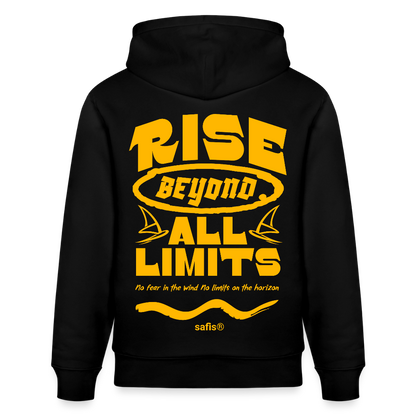 Detailansicht des gelben Backprints 'RISE BEYOND ALL LIMITS' auf einem schwarzen Hoodie von safis®. Der Windsurf-Slogan 'No fear in the wind No limits on the horizon' ist in Schreibschrift zu sehen, darunter das safis® Logo. -rise all limits- Unisex Bio-Hoodie CRUISER - Schwarz