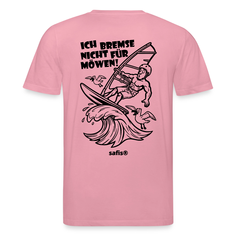 Schwarzer Backprint auf einem hell lilafarbenden safis® T-Shirt aus Bio-Baumwolle mit der Aufschrift 'ICH BREMSE NICHT FÜR MÖWEN!'. Die Cartoon-Grafik zeigt einen Windsurfer mit Helm auf einer Welle, umringt von fliegenden Möwen. Nachhaltige Windsurf-Kleidung.-Möwe- Unisex Bio-T-Shirt CREATOR Backprint - Lila Traum
