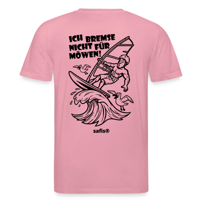 Schwarzer Backprint auf einem hell lilafarbenden safis® T-Shirt aus Bio-Baumwolle mit der Aufschrift 'ICH BREMSE NICHT FÜR MÖWEN!'. Die Cartoon-Grafik zeigt einen Windsurfer mit Helm auf einer Welle, umringt von fliegenden Möwen. Nachhaltige Windsurf-Kleidung.-Möwe- Unisex Bio-T-Shirt CREATOR Backprint - Lila Traum