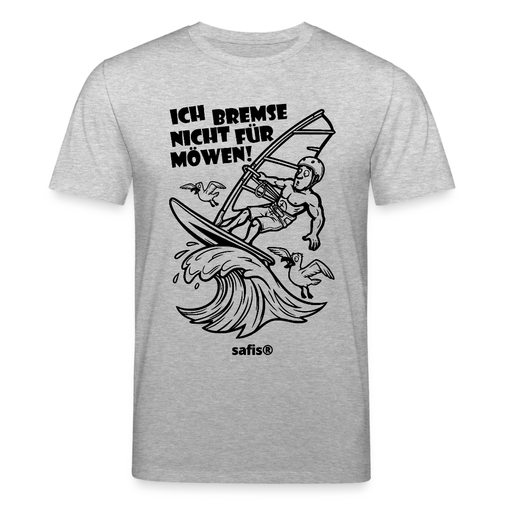Schwarzer print vorn auf einem grauen safis® T-Shirt aus Bio-Baumwolle mit der Aufschrift 'ICH BREMSE NICHT FÜR MÖWEN!'. Die Cartoon-Grafik zeigt einen Windsurfer mit Helm auf einer Welle, umringt von fliegenden Möwen. -Möwe- Unisex Bio-T-Shirt CREATOR - Grau meliert
