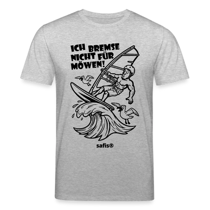 Schwarzer print vorn auf einem grauen safis® T-Shirt aus Bio-Baumwolle mit der Aufschrift 'ICH BREMSE NICHT FÜR MÖWEN!'. Die Cartoon-Grafik zeigt einen Windsurfer mit Helm auf einer Welle, umringt von fliegenden Möwen. -Möwe- Unisex Bio-T-Shirt CREATOR - Grau meliert