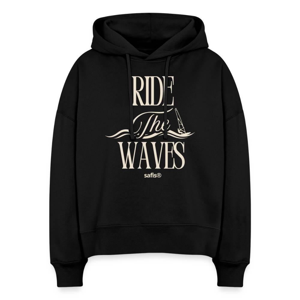 Boxy Frauen Bio Hoodie Nora -ride the waves- - Schwarz