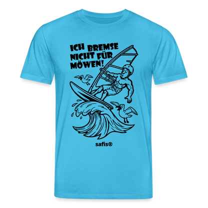 Schwarzer print vorn auf einem aquablauen safis® T-Shirt aus Bio-Baumwolle mit der Aufschrift 'ICH BREMSE NICHT FÜR MÖWEN!'. Die Cartoon-Grafik zeigt einen Windsurfer mit Helm auf einer Welle, umringt von fliegenden Möwen. Nachhaltige Windsurf-Kleidung.-Möwe- Unisex Bio-T-Shirt CREATOR - Aquablau
