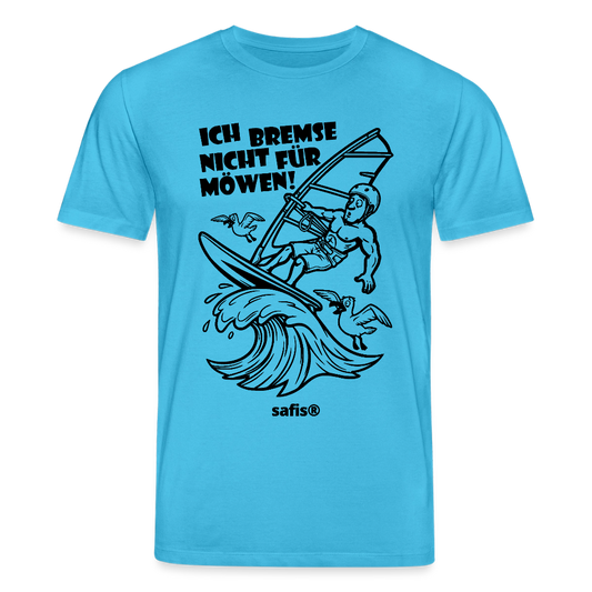 Schwarzer print vorn auf einem aquablauen safis® T-Shirt aus Bio-Baumwolle mit der Aufschrift 'ICH BREMSE NICHT FÜR MÖWEN!'. Die Cartoon-Grafik zeigt einen Windsurfer mit Helm auf einer Welle, umringt von fliegenden Möwen. Nachhaltige Windsurf-Kleidung.-Möwe- Unisex Bio-T-Shirt CREATOR - Aquablau